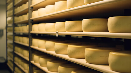 Cheese production, cheese heads on the shelves in large quantities. generated AI