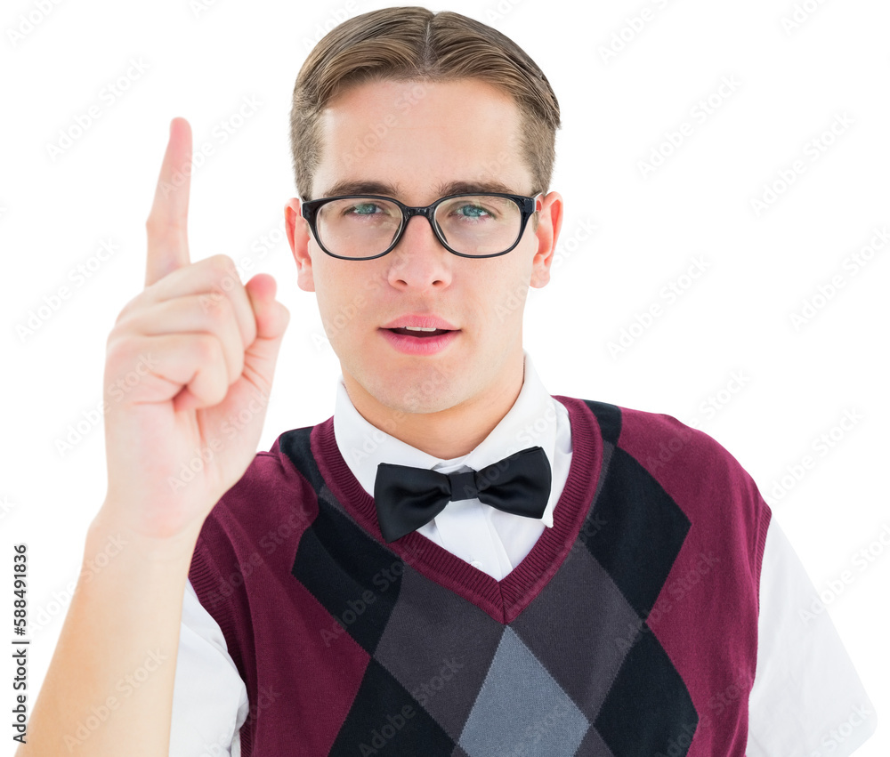 Aufkleber geeky hipster looking at camera and pointing up