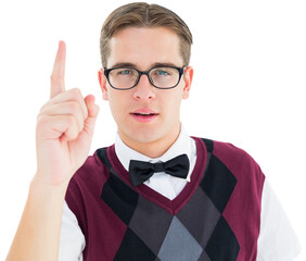 Geeky hipster looking at camera and pointing up