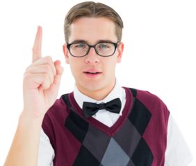 Geeky hipster looking at camera and pointing up