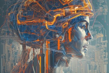 a close up of a digital artwork of a person's head, digital art, circuit boards, colorful architectural drawing, hadron collider,AI,Generative AI,Generative