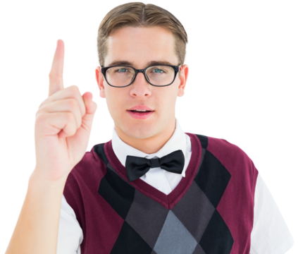 Geeky hipster looking at camera and pointing up - Powered by Adobe