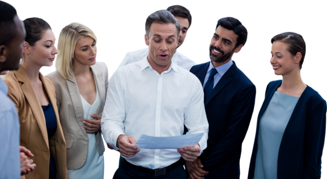 Businessman explaining blueprint to colleagues against white background