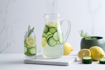 Transparent jar and glass of fresh lemonade with cucumber and lemon. Concept of fitness diet and healthy eating. Ai generated.