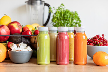 Healthy fresh fruit and vegetable smoothies with assorted ingredients of various colors and tastes. Superfood detox and diet food concept