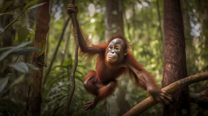 Obraz premium wildlife, a baby orangutan in the habitat. night. Jungle.