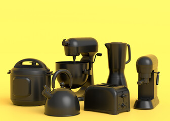 Kitchen appliances and utensils for making breakfast on monochrome background