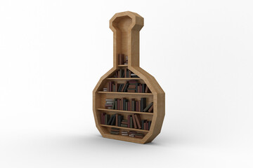 Books arranged on wooden florence flask shaped bookshelf 