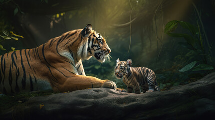 wildlife, a tiger with a cub.