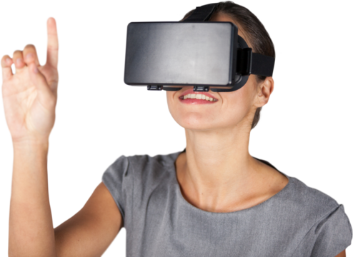 Woman pointing while using virtual reality glasses - Powered by Adobe