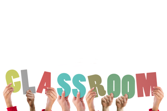 Cropped hands holding colorful word classroom  - Powered by Adobe
