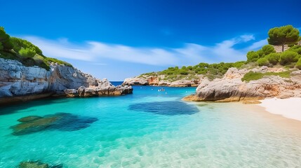 Fototapeta premium Beautiful beach on Menorca island, Spain. Summer fun, enjoying life, travel and active lifestyle concept. Generative AI