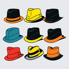 Hats with different colors and styles. Vector minimalist illustration