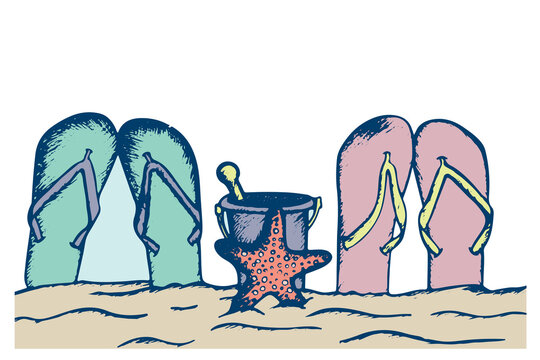 Illustration of flip flops with toys at beach