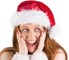 Festive redhead with hands on face