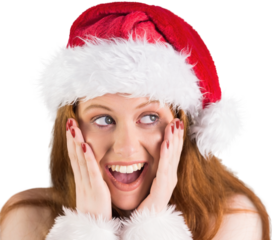 Festive redhead with hands on face