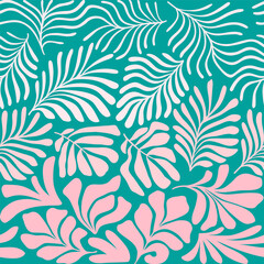 Turquoise pink abstract background with tropical palm leaves in Matisse style. Vector seamless pattern with Scandinavian cut out elements.