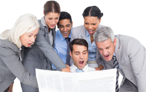Surprising business people looking at newspaper  - Powered by Adobe
