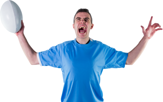 A rugby player gesturing victory