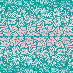 Turquoise pink abstract background with tropical palm leaves in Matisse style. Vector seamless pattern with Scandinavian cut out elements.
