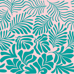 Turquoise pink abstract background with tropical palm leaves in Matisse style. Vector seamless pattern with Scandinavian cut out elements. - 588493058