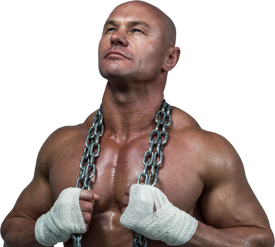 Confident bodybuilder holding chain while looking up