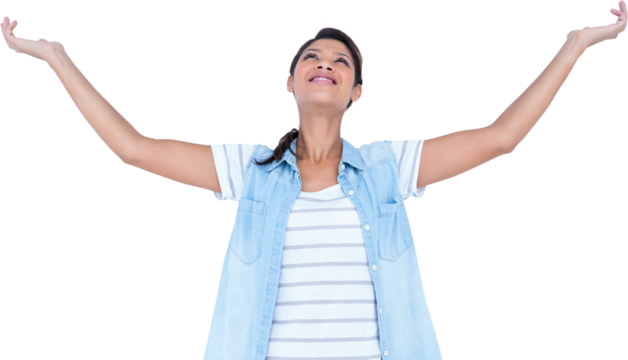 Smiling woman with arms outstretched looking up - Powered by Adobe