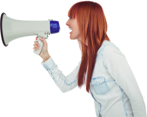 Side view of a hipster woman shooting through megaphone