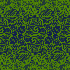 Fototapeta na wymiar Dark blue green abstract background with tropical palm leaves in Matisse style. Vector seamless pattern with Scandinavian cut out elements.