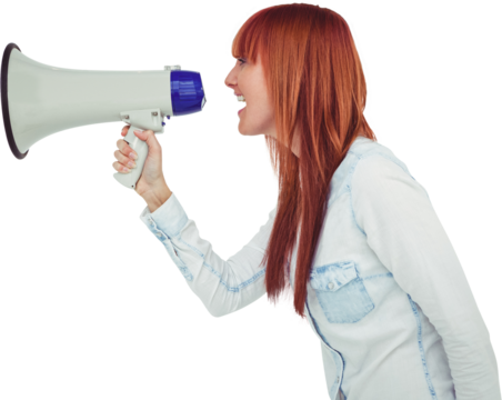 Side view of a hipster woman shooting through megaphone