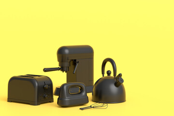 Espresso coffee machine, hand mixer, kettle and toaster on monochrome background