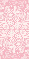 Pink white abstract background with tropical palm leaves in Matisse style. Vector seamless pattern with Scandinavian cut out elements.