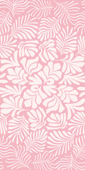 Pink white abstract background with tropical palm leaves in Matisse style. Vector seamless pattern with Scandinavian cut out elements.