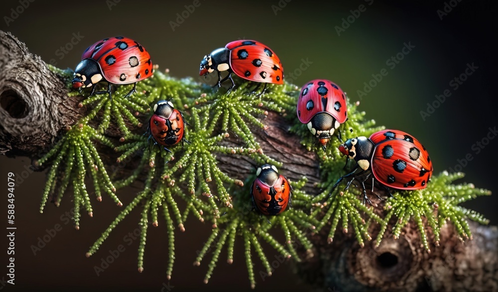 Poster a group of ladybugs sitting on top of a tree branch. generative ai