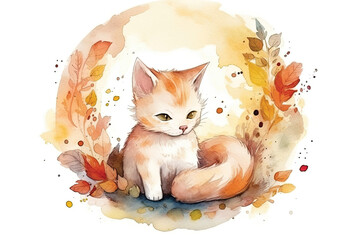 Cute kitten in a dreaming beautiful and colorful forest, in a circle, watercolor kawaii style