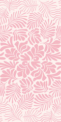 Fototapeta na wymiar Pink white abstract background with tropical palm leaves in Matisse style. Vector seamless pattern with Scandinavian cut out elements.