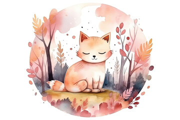 Cute kitten in a dreaming beautiful and colorful forest, in a circle, watercolor kawaii style