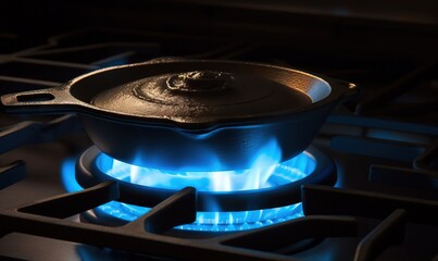  a pot on a gas stove with blue flames coming out of it.  generative ai