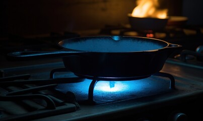  a skillet with a glowing light on top of it.  generative ai