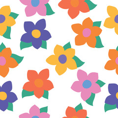 Large multicolored flowers, seamless pattern in a handmade minimalist style. Trendy floral design.