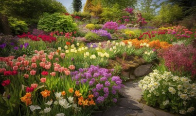 Obraz premium a garden filled with lots of colorful flowers and plants next to a stone walkway. generative ai