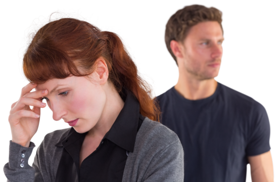 Worried woman with man behind