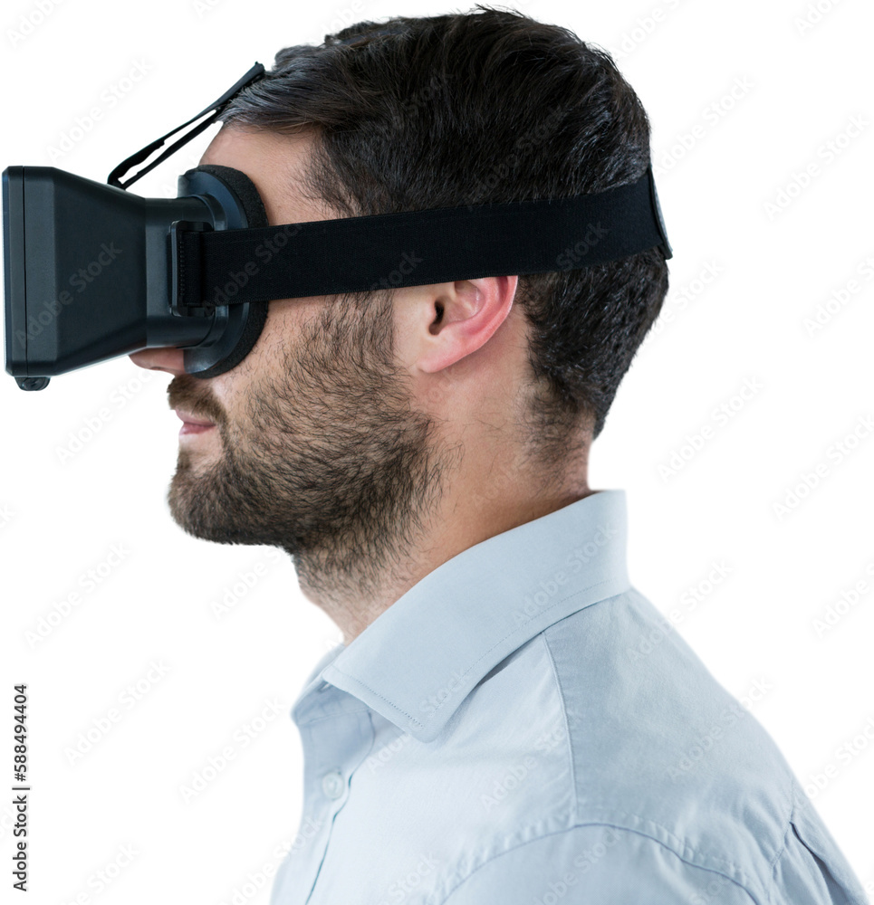Poster profile view of man using oculus rift headset