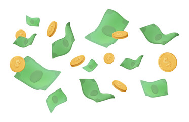 Flying money on white background. Falling dollars bills and gold coins. 3D cartoon realistic money render. Business and finance success. 3D big win or jackpot banner. Vector illustration