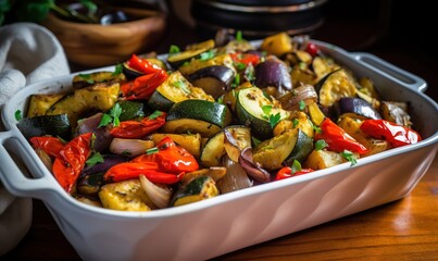  a casserole dish with vegetables in it on a table.  generative ai
