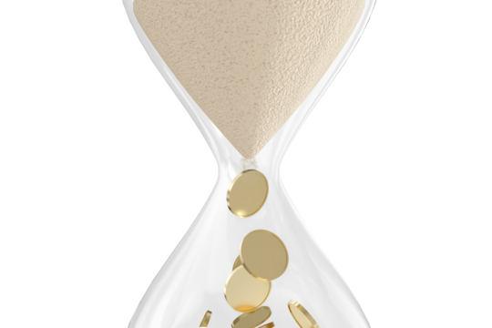 Cropped image of hourglass with sand and coins