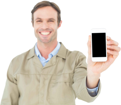 Smiling delivery man showing smart phone