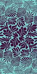 Turquoise purple abstract background with tropical palm leaves in Matisse style. Vector seamless pattern with Scandinavian cut out elements.