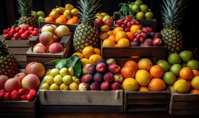  a pile of fruit sitting on top of wooden crates next to each other.  generative ai