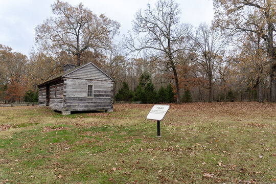 Log cabin marks the site of Grinder’s Stand where Meriwether Lewis died while traveling on the Natchez Trace. 
